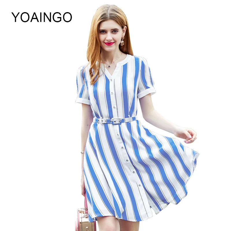 Лето 2017 г. платье Бутик Дамы Полосатый V воротник Однобортный средней длины