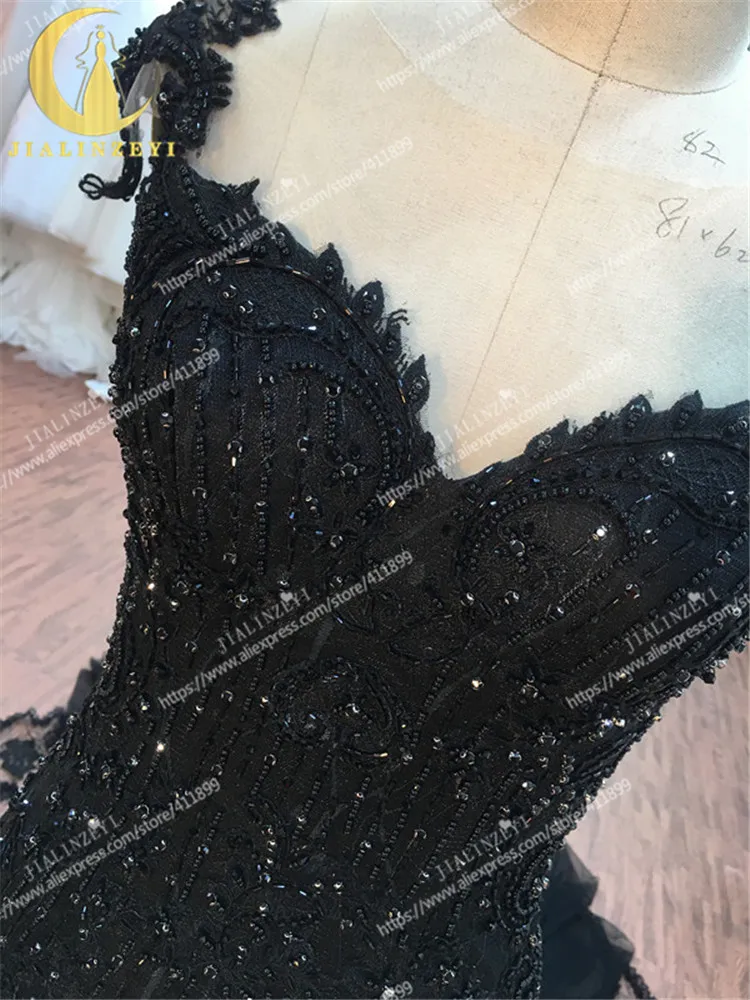 Rhine Real Sample Image Black Lace with Crystal Mermaid Sexy Backless High Quality Gown Party Dresses Evening Dresses