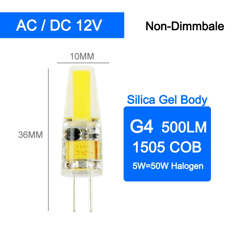 G4 ACDC 12V 5W NoDim COB Dimmable g4 Светодиодный светильник g9 светодиодный светильник лампа e14 Лампа AC/DC 12 В 220 В 3 Вт 5 Вт 6 Вт светодиодный G4 G9 лампа замена галогенная лампа 1 шт./5 шт - Испускаемый цвет: G4 ACDC 12V 5W NoDim