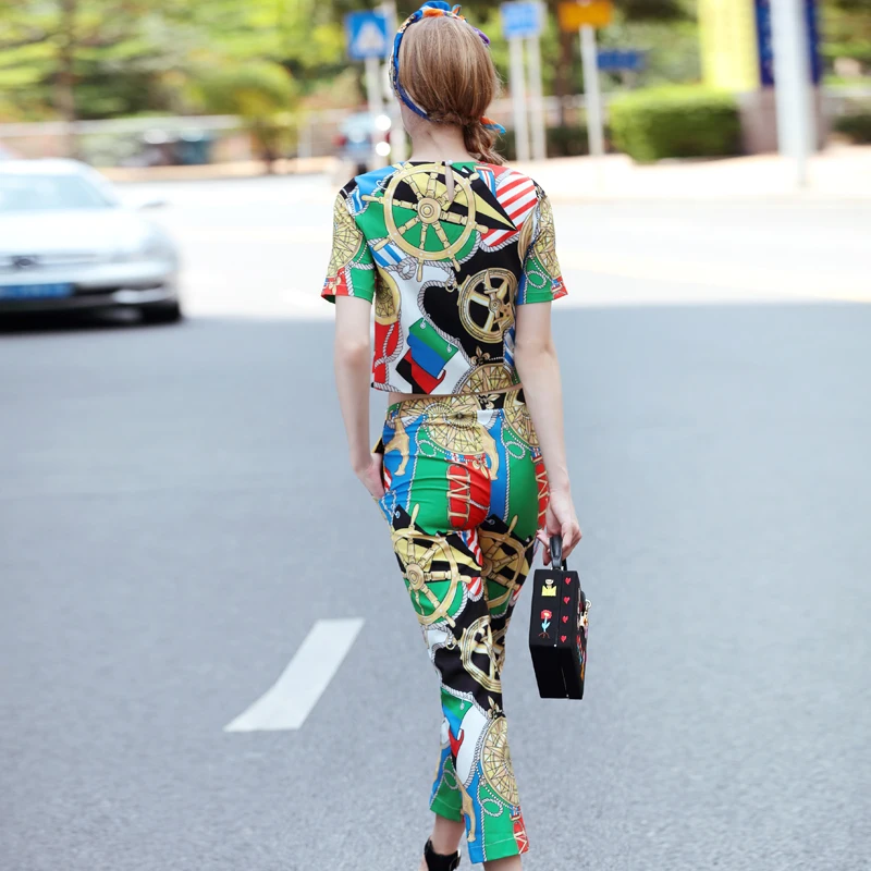 OLN 2PCS Women Tops+Pants Vintage Summer Autumn Short Sleeves Top Shirt Floral Printed Female Suits Ankle Length Pants Thin | Женская