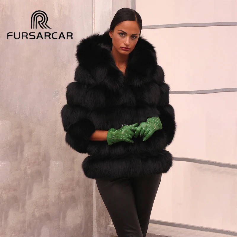 FURSARCAR 65 см длинные натуральным лисьим мехом пальто Для женщин зимние