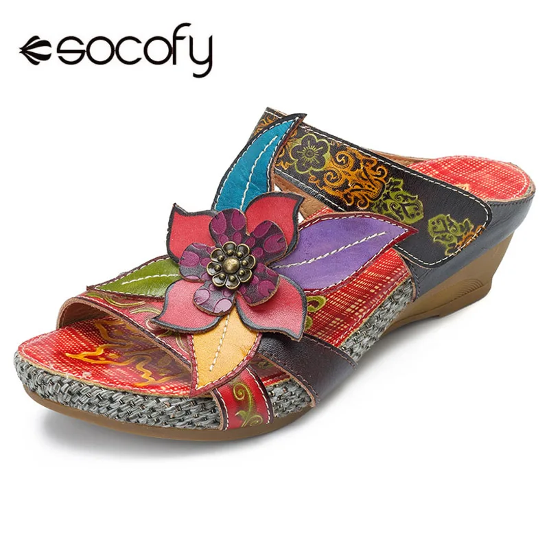 

Socofy Genuine Leather Slippers Women Shoes Bohemian Handmade Flower Slide Slippers Wedge Heels Summer Shoes Woman Retro Sandals