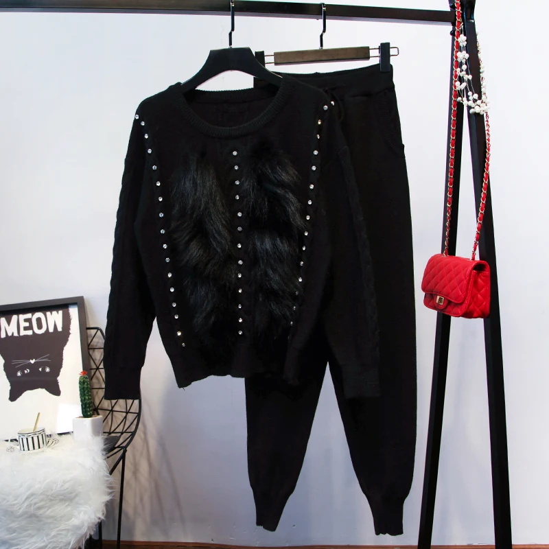 ALPHALMODA роскошный женский комплект из натурального Лисьего меха с шипами, свитер с длинными рукавами+ штаны, комплект из двух предметов, Женский стильный комплект одежды