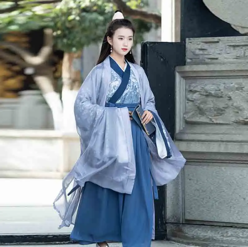 Костюм для пар Hanfu древний китайский винтажный синий комплект Fantasia взрослый