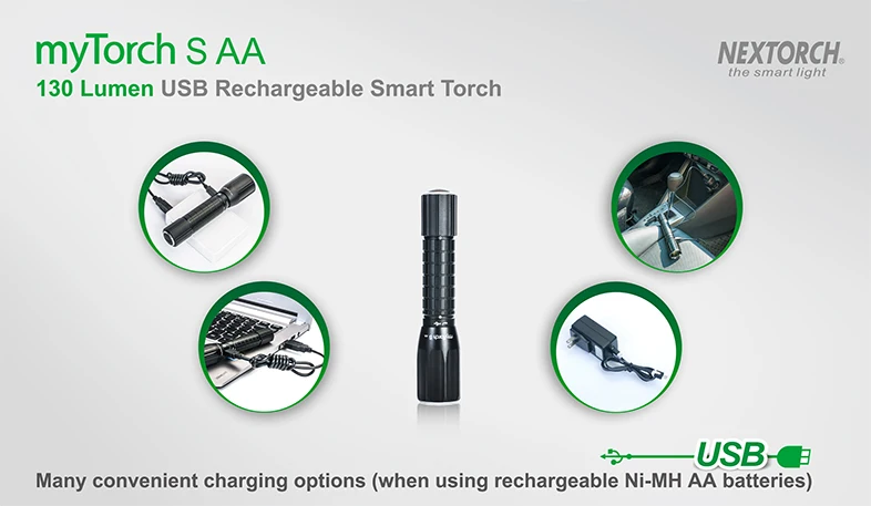 Фонарь для повседневного ношения NEXTORCH myTorch S AA легкий USB-заряжаемый, 130 люмен для кемпинга, рыбалки, бега.