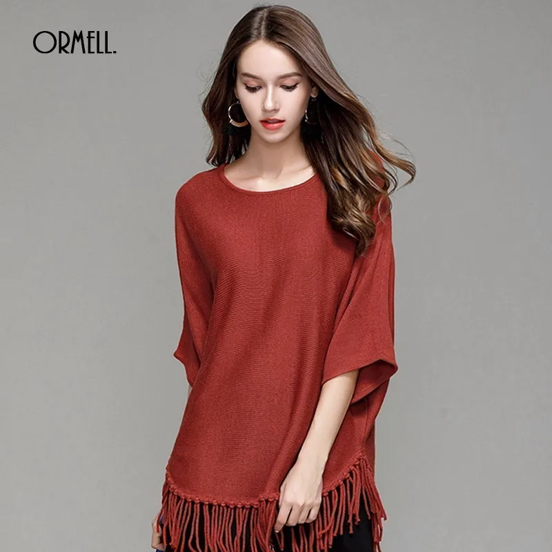 ORMELL Fashion Tassel Women Winter Sweaters 2017 New Autumn Female Casual Solid Batwing Sleeve Standard Knitting Long Pullover | Женская