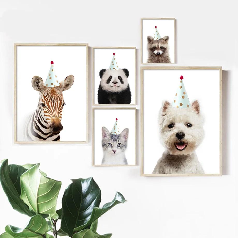 

Birthday Hat Zebra Panda Dog Cat Raccoon Wall Art Canvas Painting Nordic Posters And Prints Animal Wall Pictures Kids Room Decor