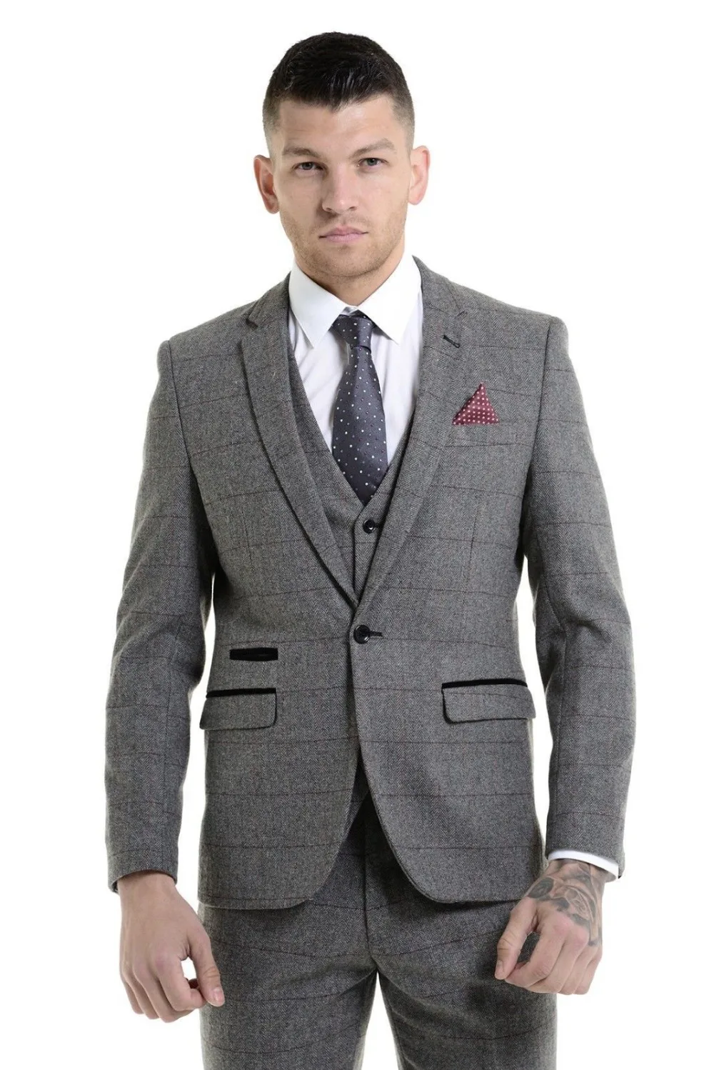 

latest coat pant designs men tweed suit Gray plaid lattice best Man Suits Groom wedding dress 3 Pieces Blazers Jacket vest pant