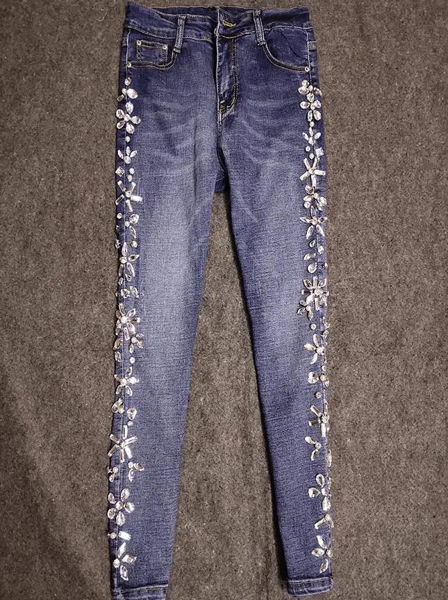

Beaded Rhinestone Cropped Women Jeans High Waist Pearl Diamond Skinny Pencil Jeans Girls Cowboy Trouser Student Plus Size 26-32