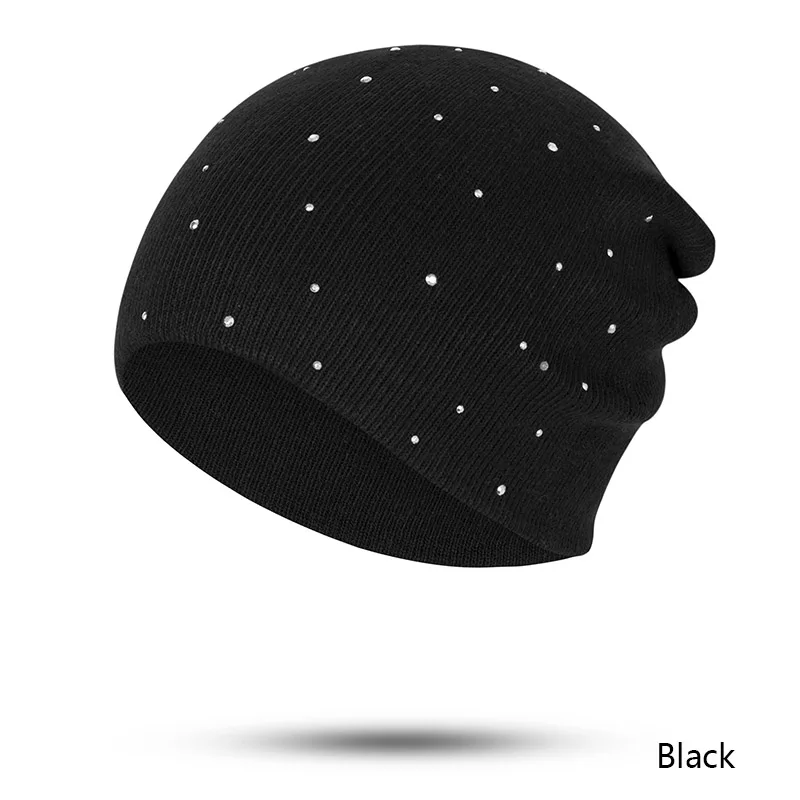 black2 CANCHANGE новая зимняя Шапки Для женщин Хлопок шапочки Skullies однотонные Лидер продаж вязаный Для женщин зимние шапки с Стразы - Цвет: black2