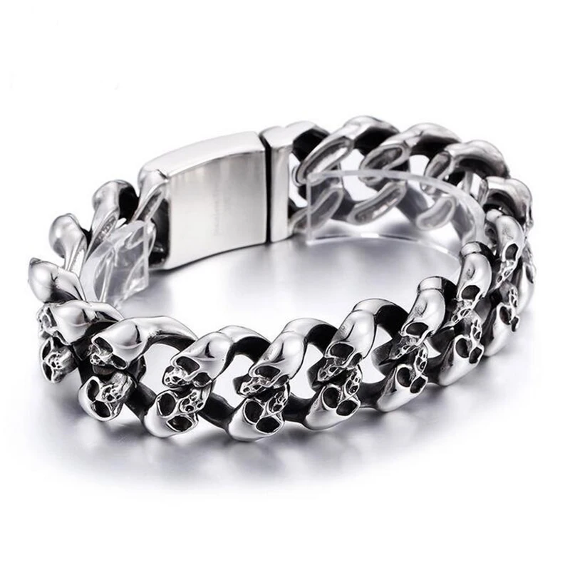 Punk Rock Mens Women Biker Skull Bracelets &amp Bangles Hiphop Vintage 19MM Heavy Stainless Steel Curb Cuban Chain Bracelet Jewelry |