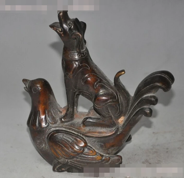 S0527 old chinese fengshui bronze zodiac Chicken Rooster dog Canine wealth statue | Дом и сад