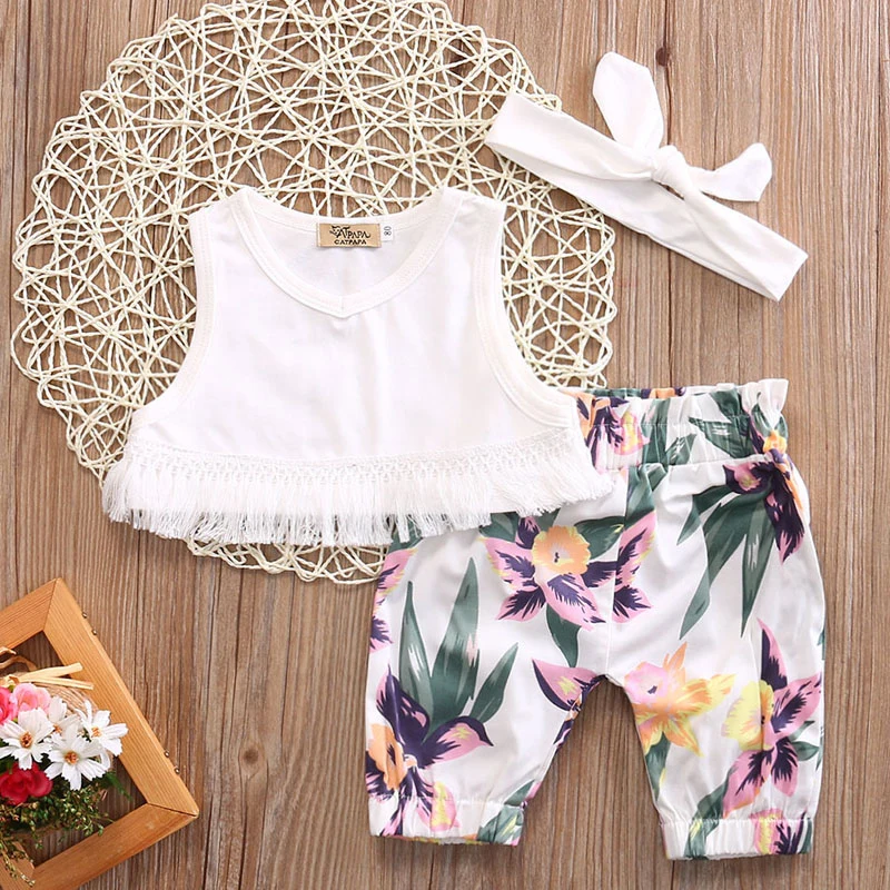 Cute Newborn Baby Girl Clothes 2019 Summer Sleeveless Tassel Crop Tops Vest +Floral Printed Shorts Infant Clothing Set | Мать и ребенок