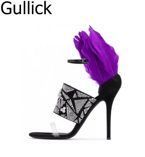 

Women Hot Sale Crystal Decoration Ankle Buckle Strap Hollow Out Sandals Sexy Purple Feather High Heel Party Shoes Free Shipping