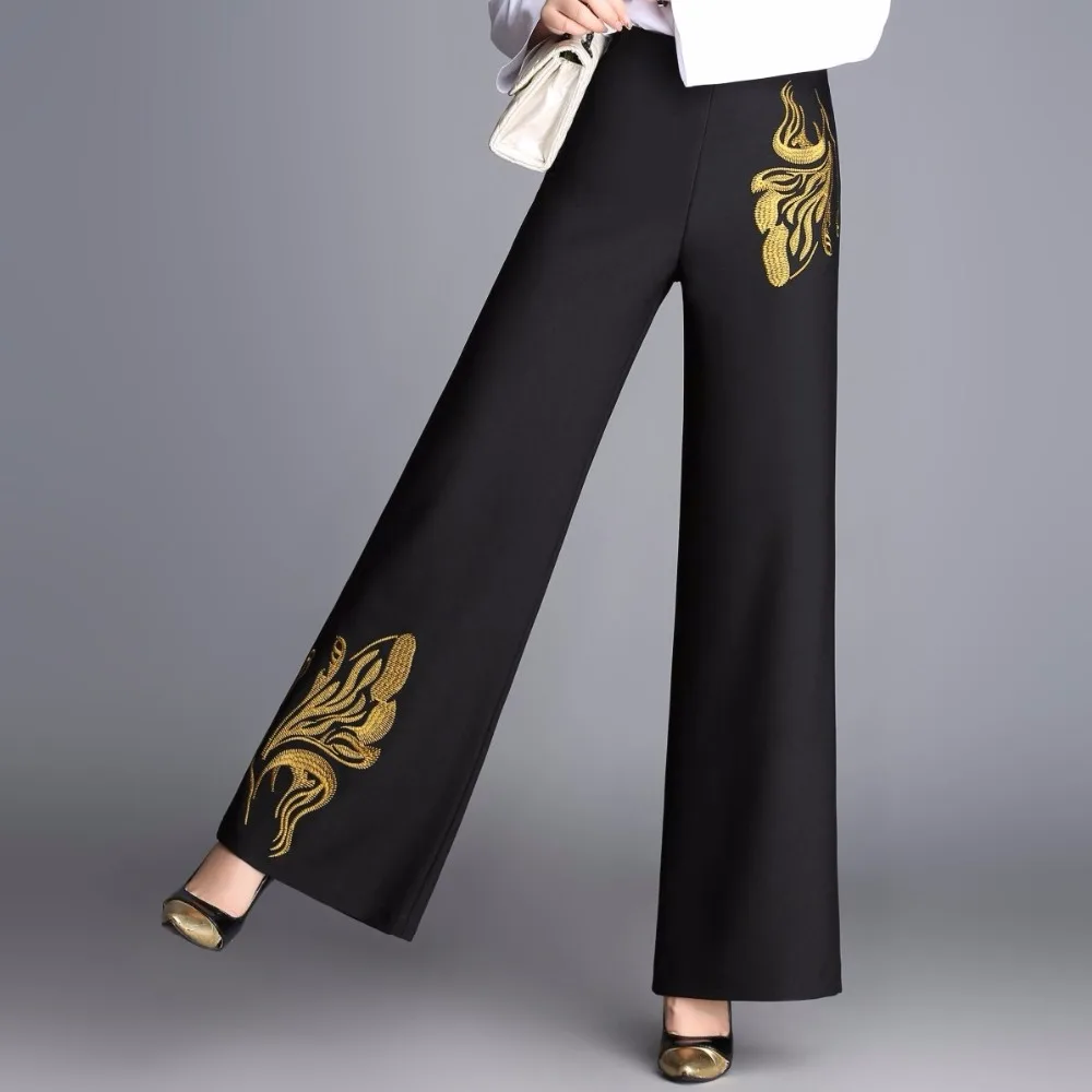 Wide-leg pants in the elderly fashion women's large-size loose high waist casual embroidery wide leg pants