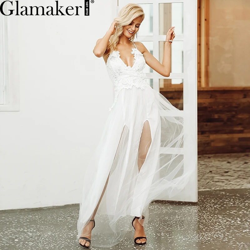 Женский прозрачный сетчатый сарафан Glamaker облегающий кружевной Сарафан Макси с v