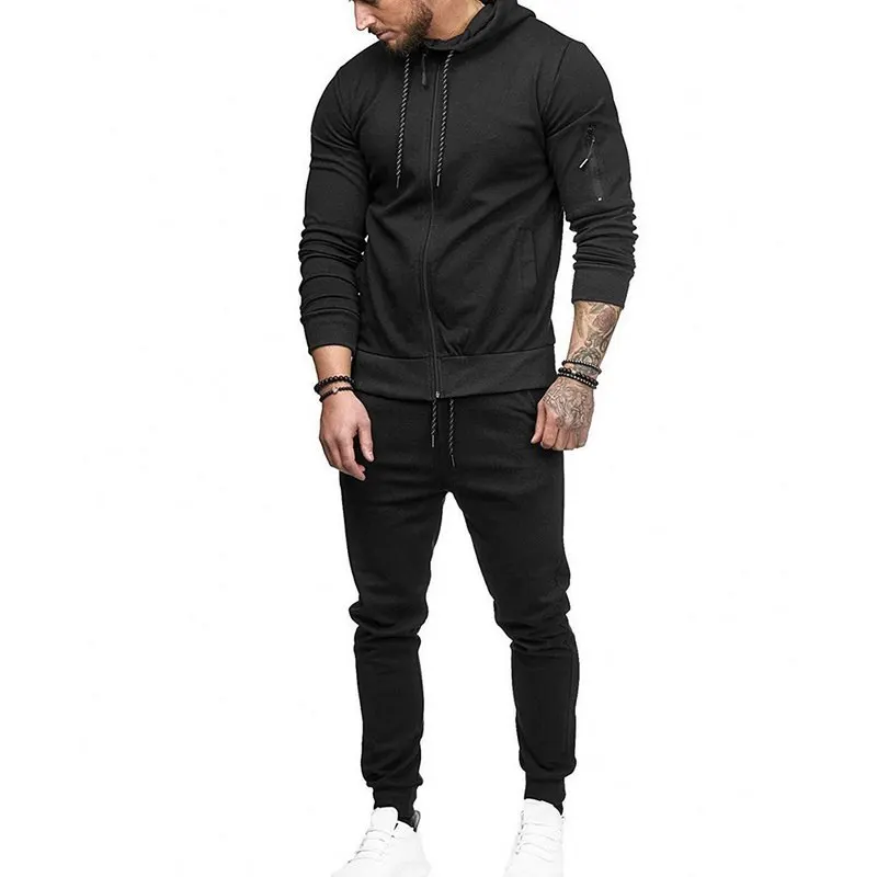 Black set A HEFLASHOR, мужская спортивная одежда на шнурке, модный однотонный спортивный костюм, Толстовка и штаны, повседневные толстовки на молнии, верхняя одежда - Цвет: Black set A