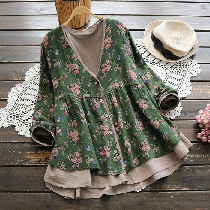 

3214 new Big Size autumn women Blouse Retro Floral Print Vintage Blouse Lace V-neck shirt Long Sleeve Cotton Linen Tops Women