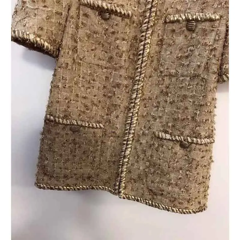 Cosmicchic Женский комплект из 2 предметов, короткий рукав, твидовая куртка, золотая линия, пальто с круглым вырезом и карманом, элегантная дизайнерская подиумная короткая юбка