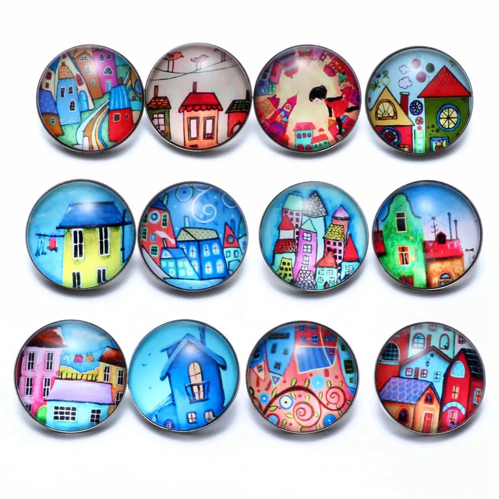 12pcs/lot Fairytale Town Theme Glass Charms 18mm Snap Button Jewelry For Snaps Bracelet KZ0683|18mm snap button jewelry|snap jewelrybutton jewelry |