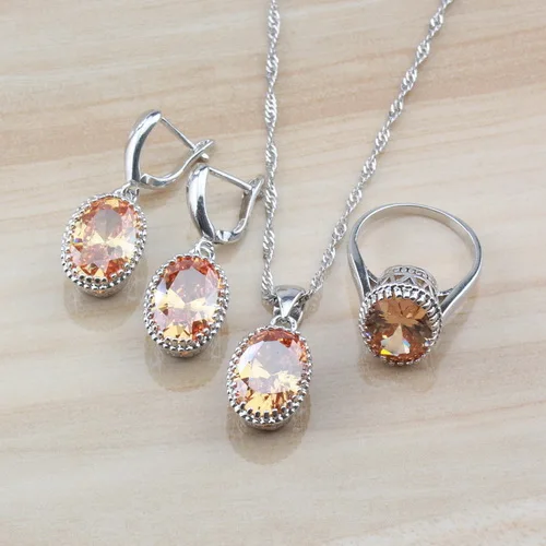 Champagne 3PCS Винтаж Шампанский кубик циркония Овальные Ювелирные наборы из 925 серебра женский костюм серьги/ожерелье/браслет и кольцо наборы - Окраска металла: Champagne 3PCS