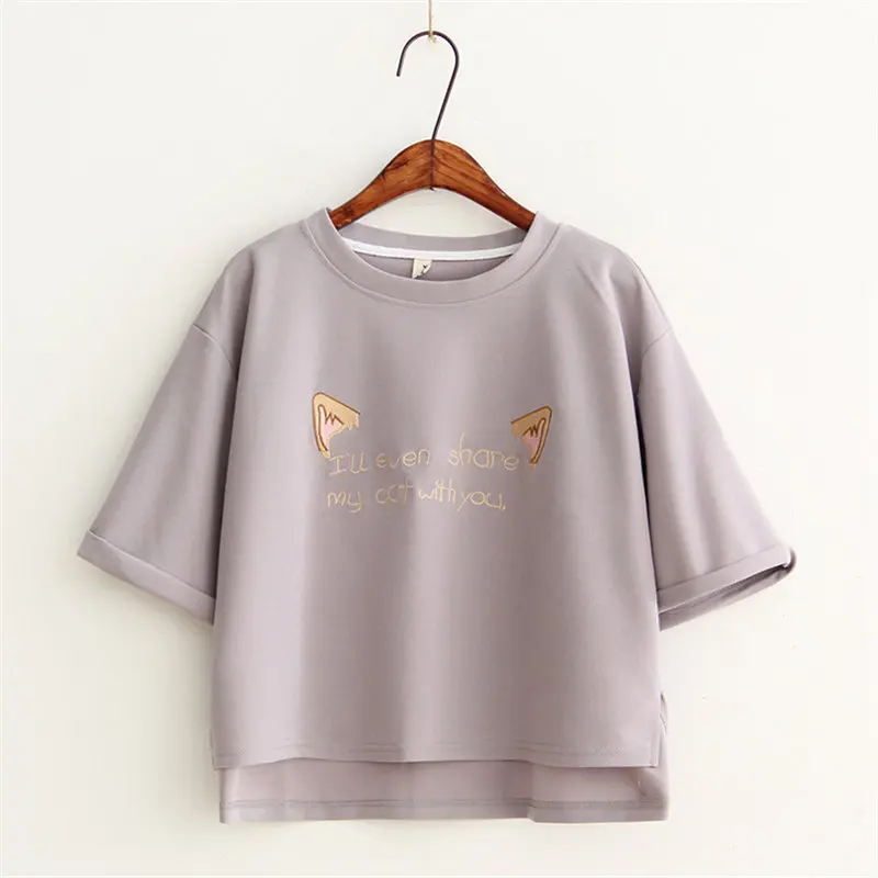 Purple Tee Летние женские футболки Харадзюку с принтом кота из мультфильма, хлопковая Повседневная футболка с вышитыми буквами и коротким рукавом,, DX619 - Цвет: Purple Tee