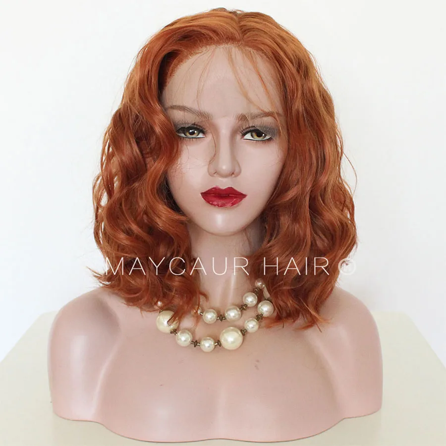 Maycaur Orange Color Front Lace Bob Wigs Glueless Short Wavy Hair Synthetic Lace Front Wigs for Black Women 14 Inch