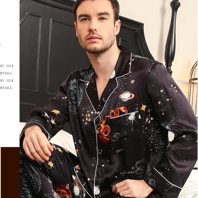Real Silk Pajama Female Summer Long-Sleeve Silkworm Silk Couple Sleepwear Black Starry Sky Male Pajamas Two-Piece Sets T8197QL