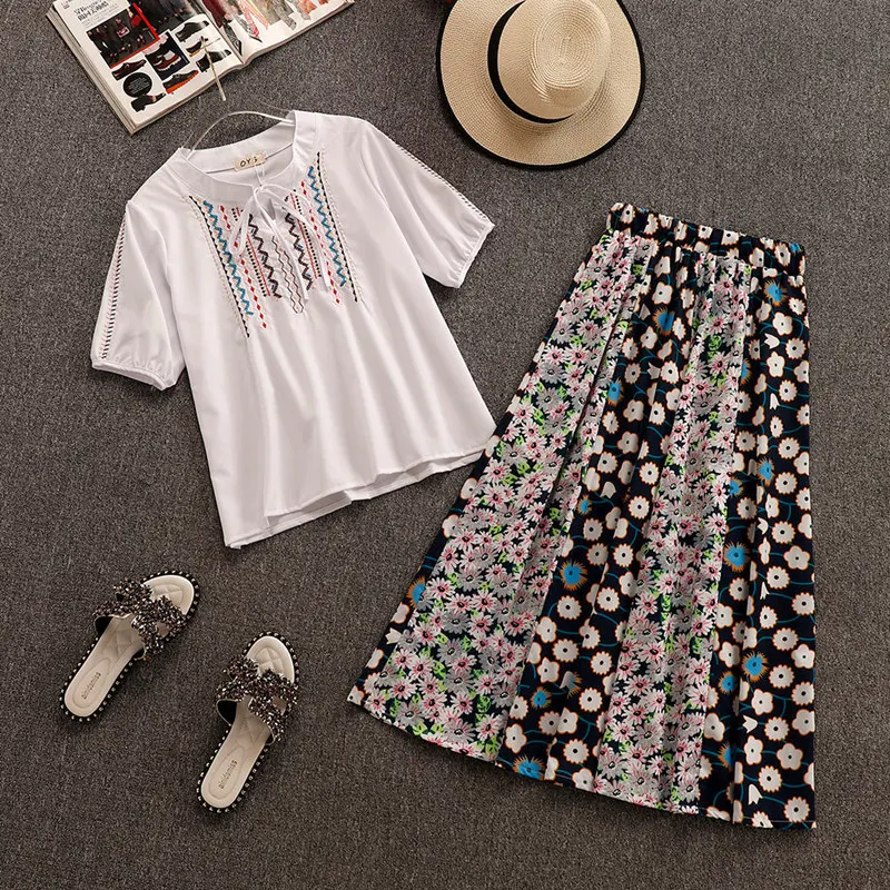 5XL большой размер Женская одежда летний комплект из 2 предметов вышивка белая