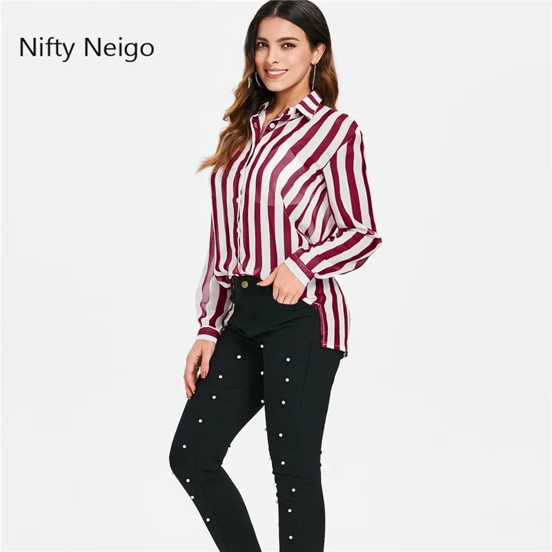 Nifty Neogo Офисная Женская рубашка в полоску полупрозрачная блузка с отложным