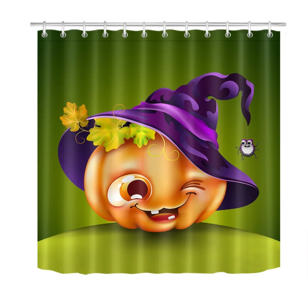 

72'' Bathroom Waterproof Fabric Shower Curtain 12 Hooks Bath Accessory Sets Funny Halloween Cute Cartoon Pumpkin With Witch Hat