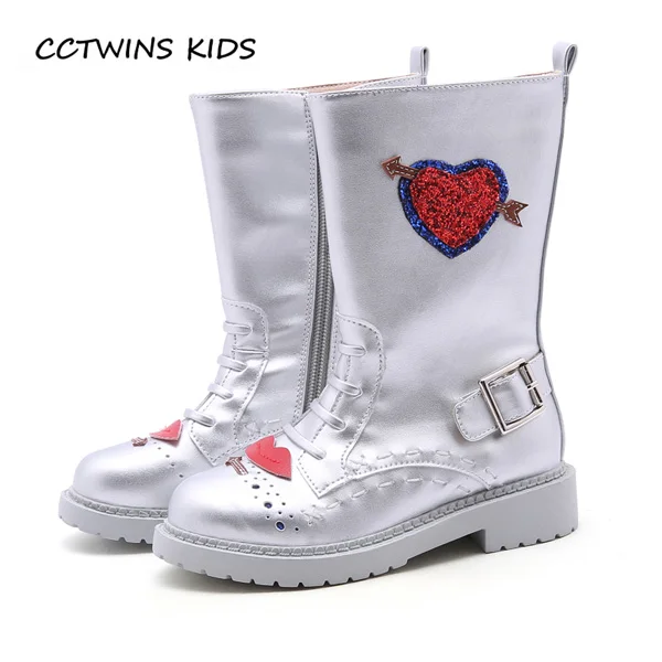 Серебристый CCTWINS KIDS/ г. Осенние модные высокие сапоги для девочек; Детские модные блестящие Ботинки martin для мальчиков; детская обувь из искусственной кожи; цвет черный, серебристый; H032 - Цвет: Серебристый