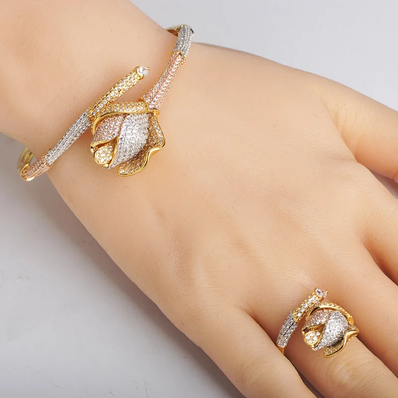 Женский комплект колец MECHOSEN набор из 3 тонов в форме розы с кубическим цирконием