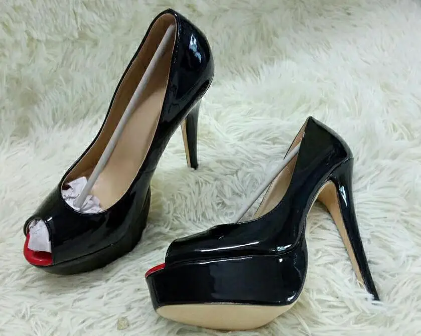 

High Quality Women Fashion Open Toe Patent Leather High Platform Pumps 14cm Sexy High Heels Formal Dress Shoes Black Nude Shoes