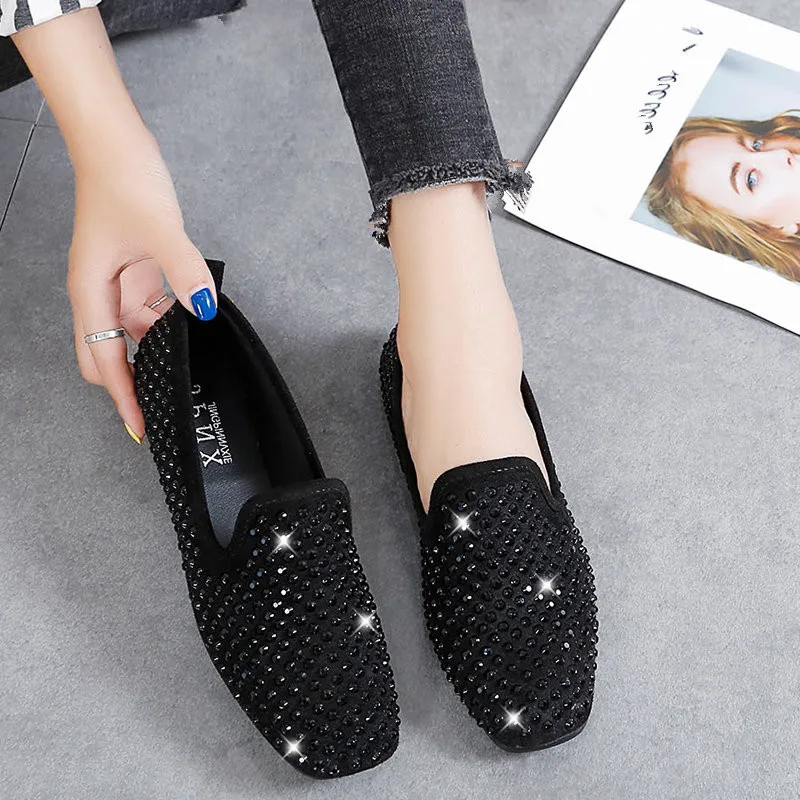 Comfortable Women Flat Shoes Crystals Embellished PU Slip-on Ladies Lazy Loafers 2019 Autumn New Style Casual | Обувь