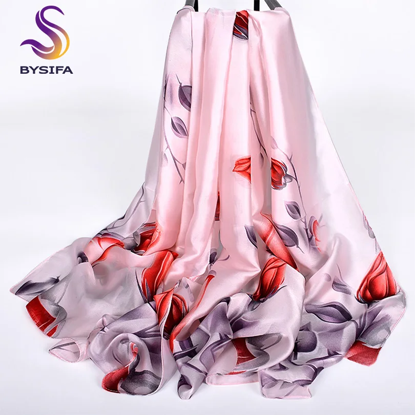 Женская шелковая шаль [BYSIFA] розовая синяя Белая Шаль с узором розы 180*90 см Новинка
