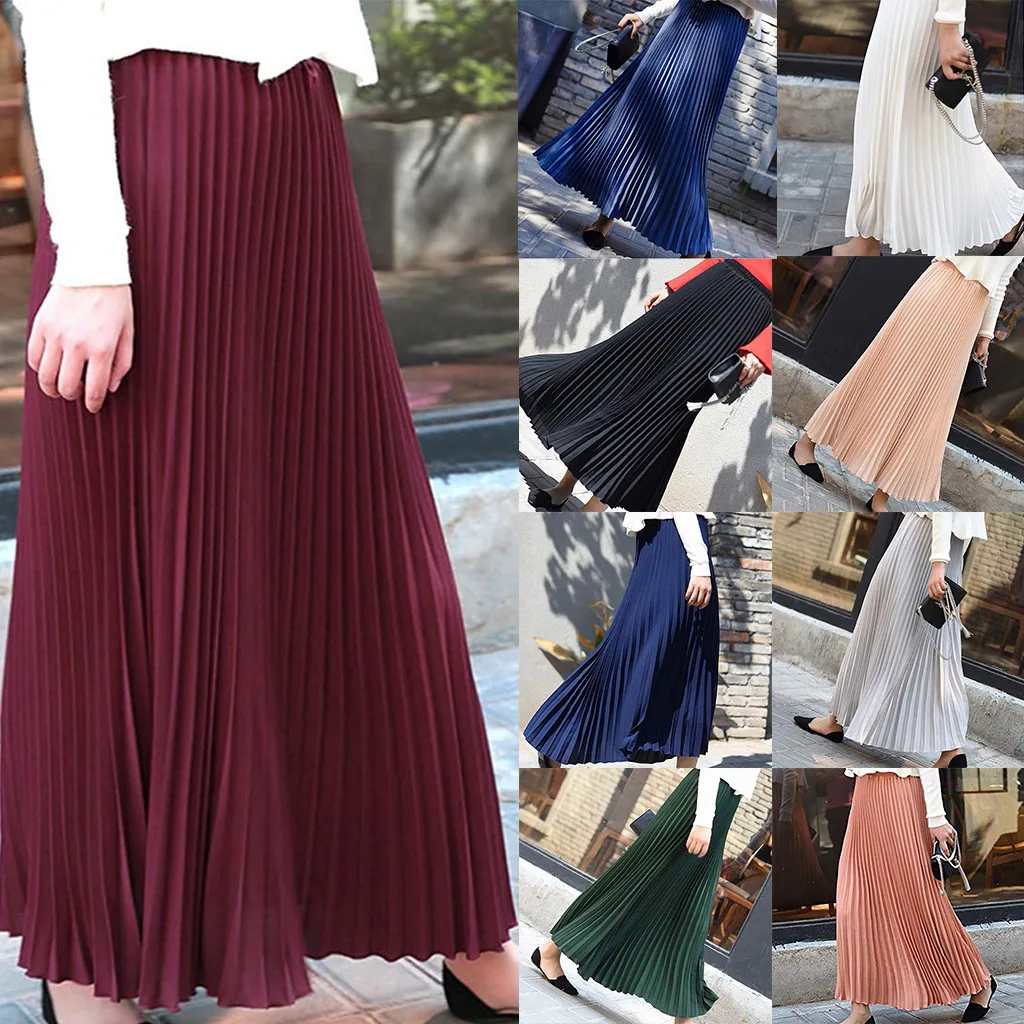 

NEW Autumn Long Pleated Skirt For Women's 2020 European Style Fashion Solid Elegant Midi Elastic Waist Skirt 10 Colors