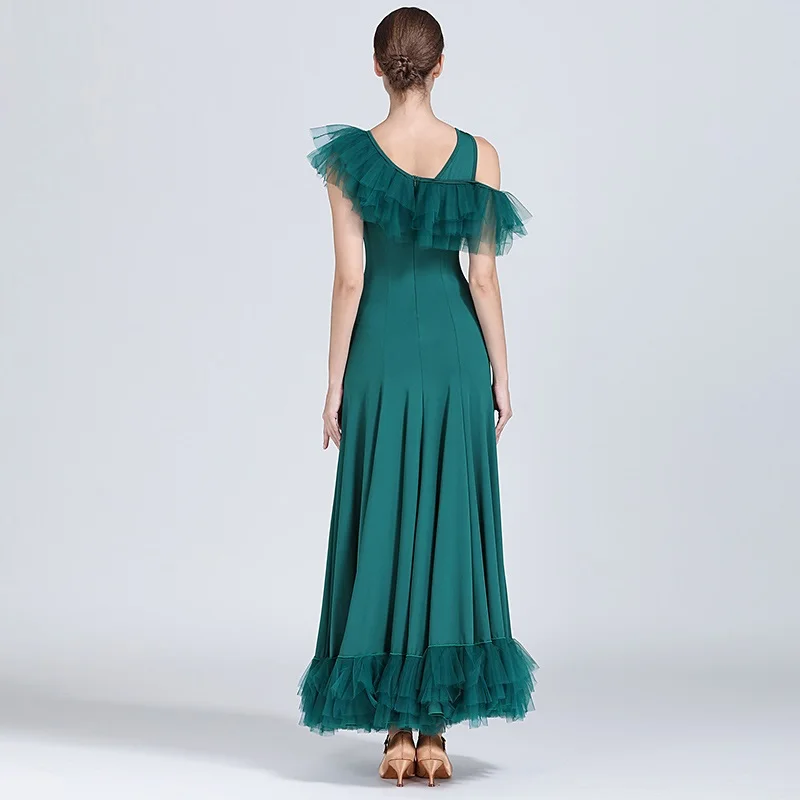 green inclined shoulder dancing clothes ballroom waltz dresses standard dress Foxtrot modern dance flamenco | Тематическая одежда