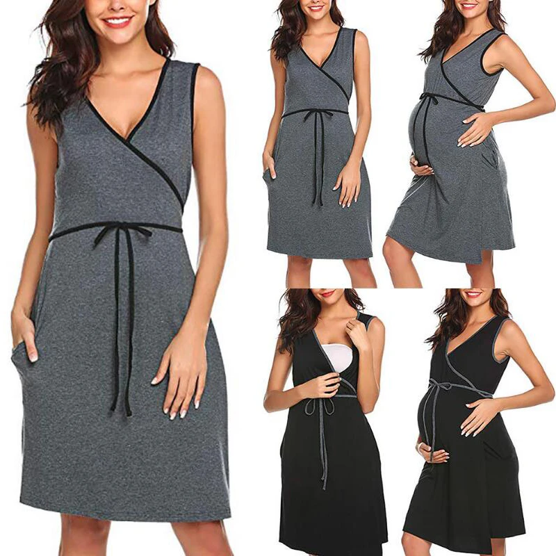 

V-Neck Solid Nursing Maternity Dress For Feeding Pregnant Women Clothes Breastfeeding Pregnancy Clothing Sleeveless Casual Dress