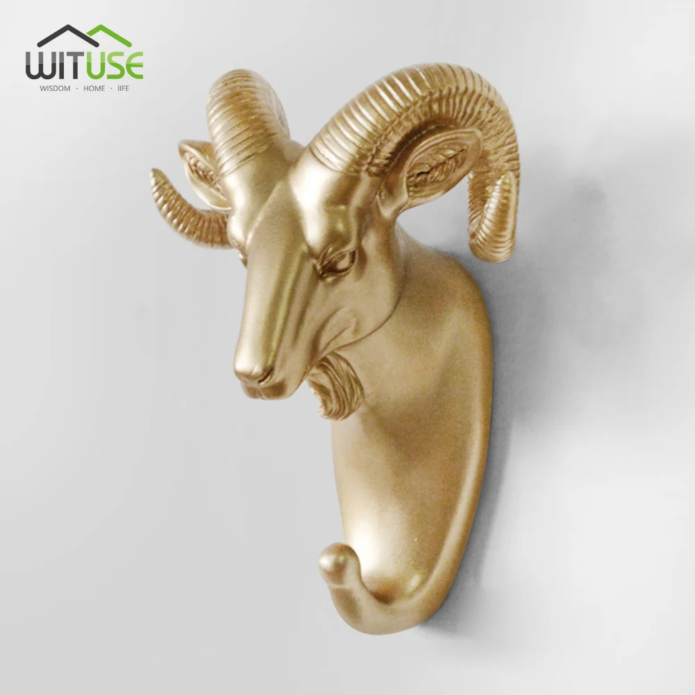 Gold Goat Head Креативные 3D настенные вешалки, декоративные дверные крючки, декоративные крючки для пальто, полимерные крючки, олень, носорог, слон, жираф, лошадь, Декор - Цвет: Gold Goat Head