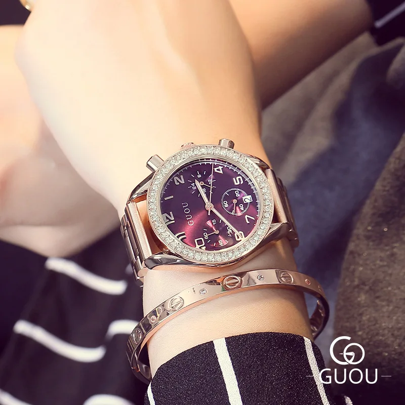 Новые роскошные женские Часы GUOU с блестящими бриллиантами и стразами полностью