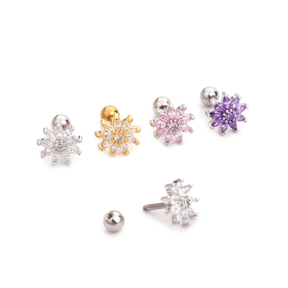 Colorful Crystal Flower Piercing Helix Ear Tragus Cartilage Piercing Oreja Earring Ear Stud Helix Sexy Body Piercing Jewelry