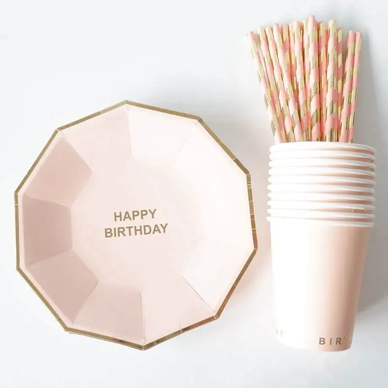 Pink Set 45 шт. золотые, розовые, синие бумажные тарелки/стаканчики/салфетки для вечеринки в честь Дня Рождения, одноразовые столовые приборы для взрослых девочек и мальчиков - Цвет: Pink Set