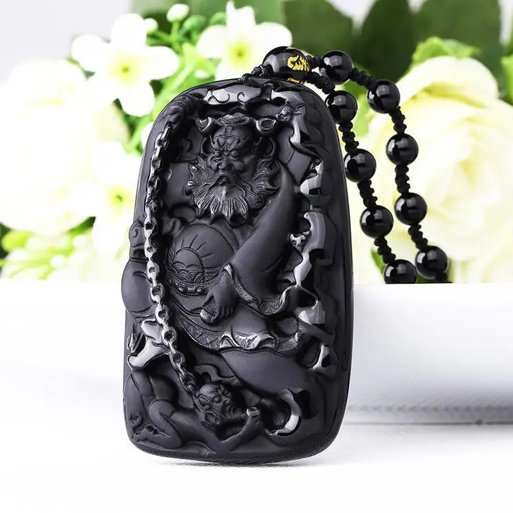 NATURAL OBSIDIAN CARVED CHINESE ZHONG KUI AMULET PENDANT(obsidian pendant) | Украшения и аксессуары