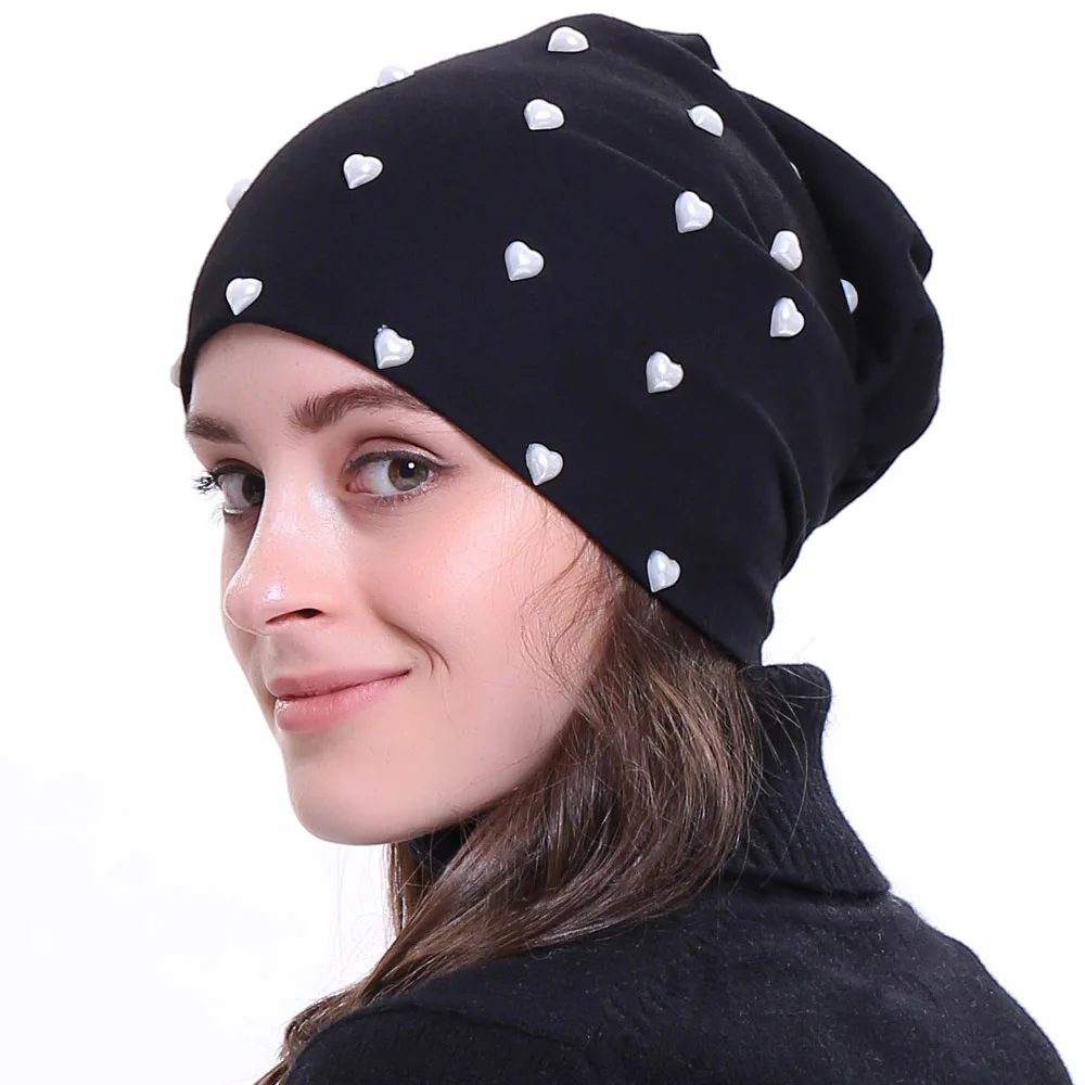 

Geebro New Women's Beanie Hat Autumn Heart Pearl Slouchy Skullies Beanies for Female Womens Plain Balaclava Bonnet DQ845