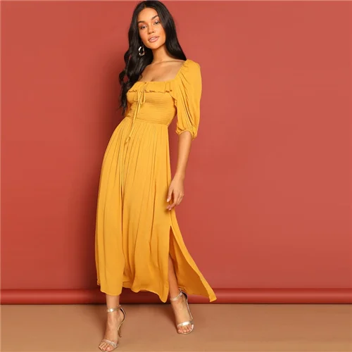 SHEIN Яркое Платье В Стиле Бохо С Длинным Рукавом, Летнее Длинное Платье С Разрезами И Глубоким Вырезом - Цвет: Золотой