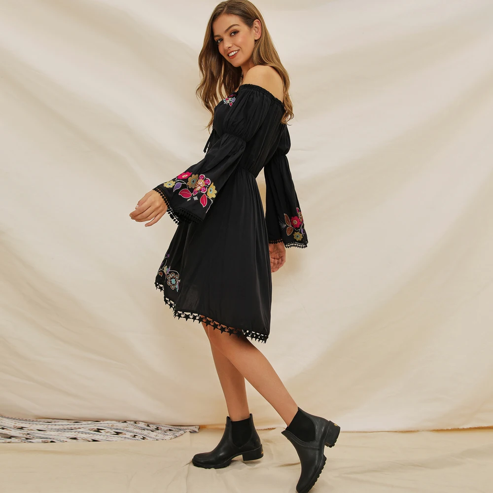 

KIYUMI Dress Women Cotton Summer Dress Boho Long Sleeve Floral Embroidered Off Shoulder 2019 Tassel Autumn Black Short Dress New