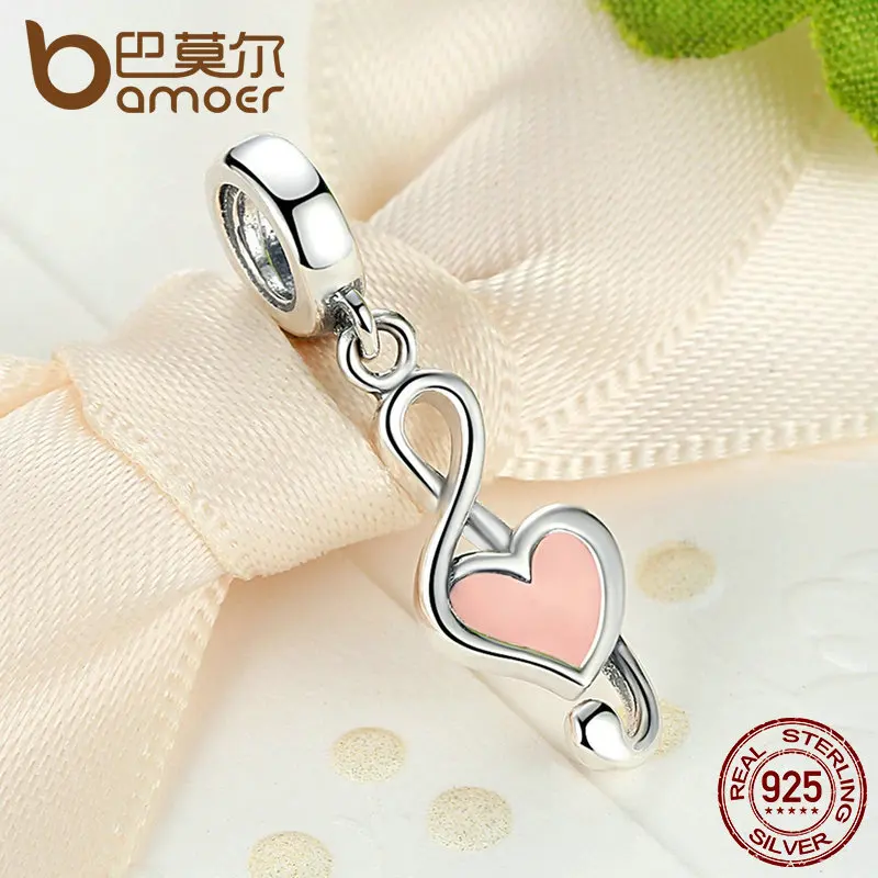 BAMOER 925 пробы серебряный розовый кулон в форме сердца подвеска в форме ноты подходят браслеты для женщин Мода DIY Ювелирные изделия SCC110