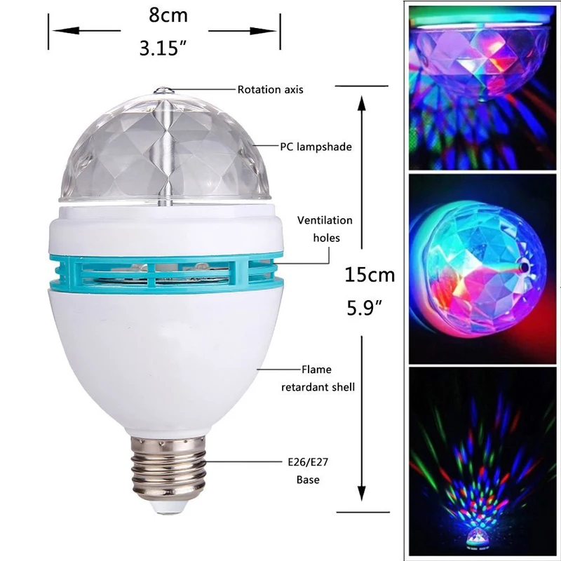 E27 лампа для вечеринки полноцветная Вращающаяся светодиодная Стробоскопическая