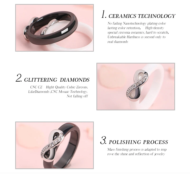 925 Elegant Rings Women 4mm Black White Ceramic Ring India Stone Crystal Infinity Comfort Wedding Rings Engagement Brand Jewelry